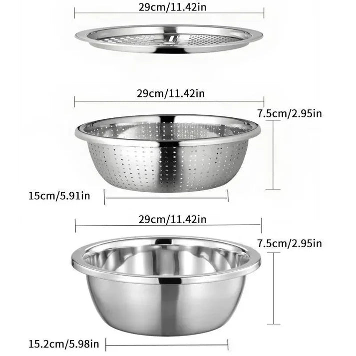⏳ LIMITED-TIME MEGA SALE | Getnexy™  3-in-1 Multifunction Kitchen Strainer Set – Stainless Steel Wash, Drain & Slice Bowl for Fruits, Vegetables & Rice