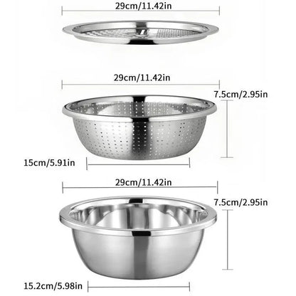 ⏳ LIMITED-TIME MEGA SALE | Getnexy™  3-in-1 Multifunction Kitchen Strainer Set – Stainless Steel Wash, Drain & Slice Bowl for Fruits, Vegetables & Rice
