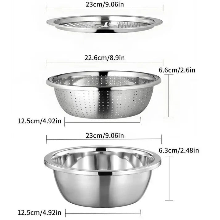 ⏳ LIMITED-TIME MEGA SALE | Getnexy™  3-in-1 Multifunction Kitchen Strainer Set – Stainless Steel Wash, Drain & Slice Bowl for Fruits, Vegetables & Rice
