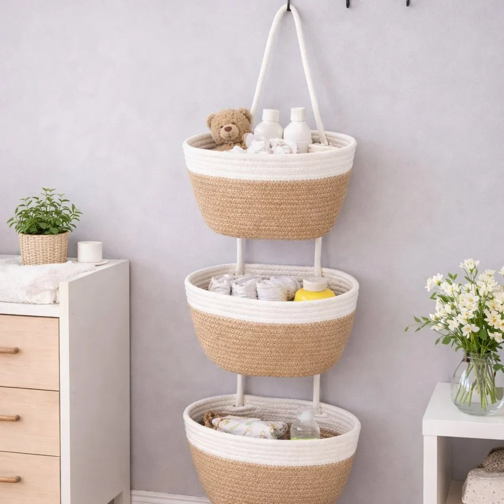⏳ LIMITED-TIME MEGA SALE | Getnexy™ 🧺Woven cotton 3-Tier Over the Door Basket, Wall-Mounted Jute Storage Organizer🔥