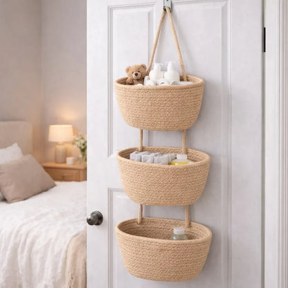 ⏳ LIMITED-TIME MEGA SALE | Getnexy™ 🧺Woven cotton 3-Tier Over the Door Basket, Wall-Mounted Jute Storage Organizer🔥
