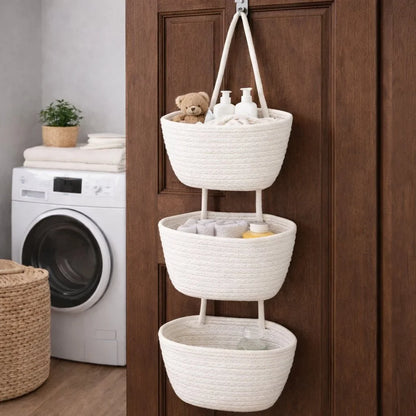 ⏳ LIMITED-TIME MEGA SALE | Getnexy™ 🧺Woven cotton 3-Tier Over the Door Basket, Wall-Mounted Jute Storage Organizer🔥