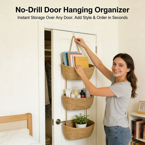 ⏳ LIMITED-TIME MEGA SALE | Getnexy™ 🧺Woven cotton 3-Tier Over the Door Basket, Wall-Mounted Jute Storage Organizer🔥