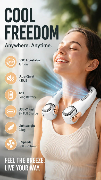 Neck Air Conditioner Fan – Ultra‑quiet, 360° rotating, 3 speeds. Hands‑free cooling, long battery. Summer essential! 😎🌬️