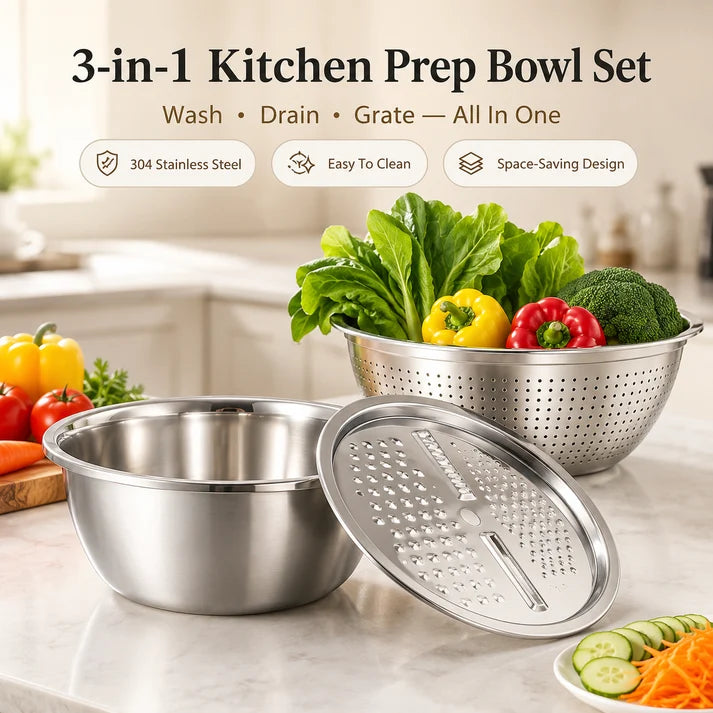 ⏳ LIMITED-TIME MEGA SALE | Getnexy™  3-in-1 Multifunction Kitchen Strainer Set – Stainless Steel Wash, Drain & Slice Bowl for Fruits, Vegetables & Rice