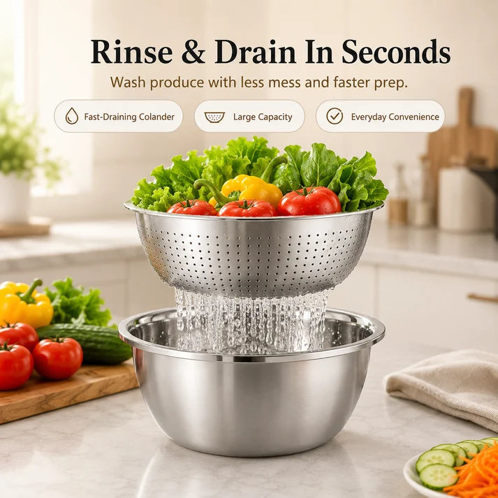 ⏳ LIMITED-TIME MEGA SALE | Getnexy™  3-in-1 Multifunction Kitchen Strainer Set – Stainless Steel Wash, Drain & Slice Bowl for Fruits, Vegetables & Rice