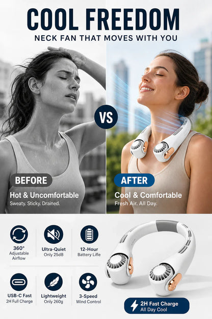 Neck Air Conditioner Fan – Ultra‑quiet, 360° rotating, 3 speeds. Hands‑free cooling, long battery. Summer essential! 😎🌬️