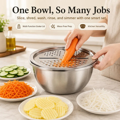 ⏳ LIMITED-TIME MEGA SALE | Getnexy™  3-in-1 Multifunction Kitchen Strainer Set – Stainless Steel Wash, Drain & Slice Bowl for Fruits, Vegetables & Rice