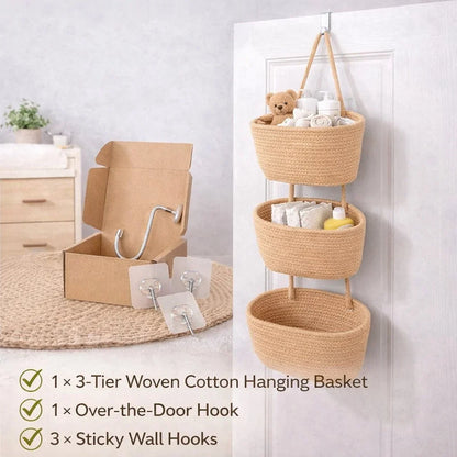 ⏳ LIMITED-TIME MEGA SALE | Getnexy™ 🧺Woven cotton 3-Tier Over the Door Basket, Wall-Mounted Jute Storage Organizer🔥