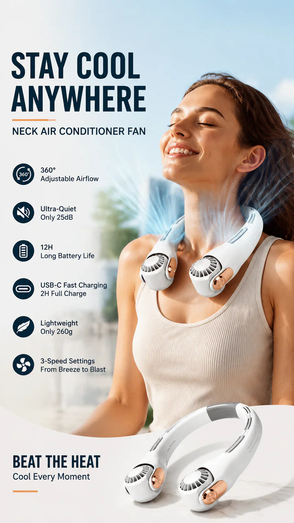 Neck Air Conditioner Fan – Ultra‑quiet, 360° rotating, 3 speeds. Hands‑free cooling, long battery. Summer essential! 😎🌬️