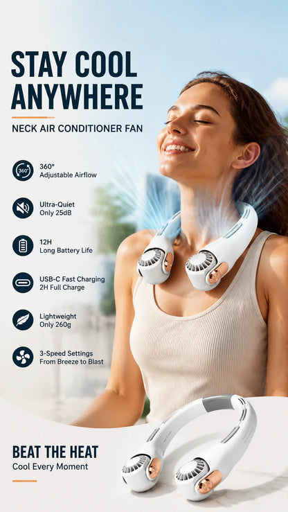 Neck Air Conditioner Fan – Ultra‑quiet, 360° rotating, 3 speeds. Hands‑free cooling, long battery. Summer essential! 😎🌬️