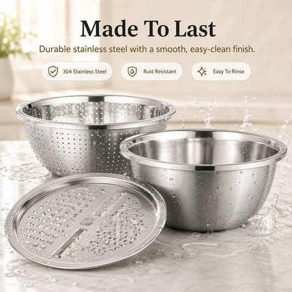 ⏳ LIMITED-TIME MEGA SALE | Getnexy™  3-in-1 Multifunction Kitchen Strainer Set – Stainless Steel Wash, Drain & Slice Bowl for Fruits, Vegetables & Rice