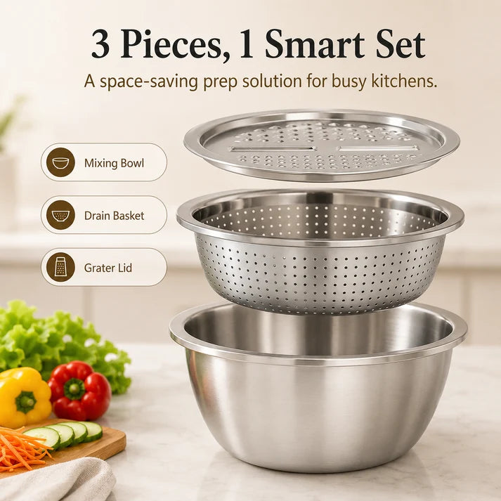 ⏳ LIMITED-TIME MEGA SALE | Getnexy™  3-in-1 Multifunction Kitchen Strainer Set – Stainless Steel Wash, Drain & Slice Bowl for Fruits, Vegetables & Rice