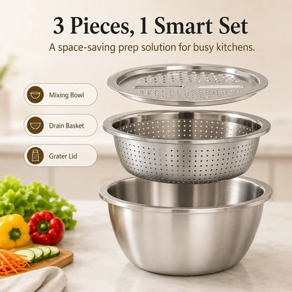 ⏳ LIMITED-TIME MEGA SALE | Getnexy™  3-in-1 Multifunction Kitchen Strainer Set – Stainless Steel Wash, Drain & Slice Bowl for Fruits, Vegetables & Rice