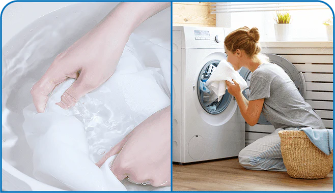 3. Rinse thoroughly with clean water with hand or machine.