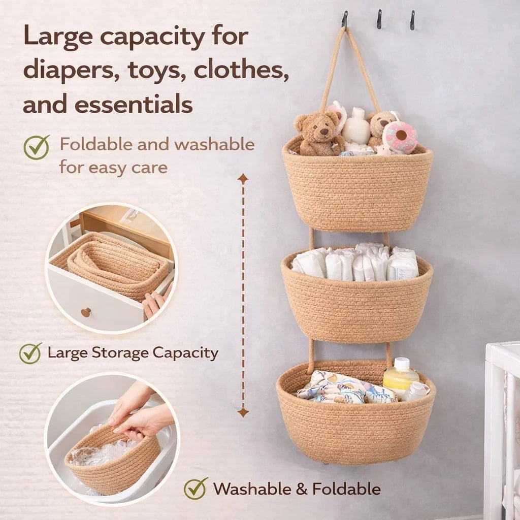 ⏳ LIMITED-TIME MEGA SALE | Getnexy™ 🧺Woven cotton 3-Tier Over the Door Basket, Wall-Mounted Jute Storage Organizer🔥