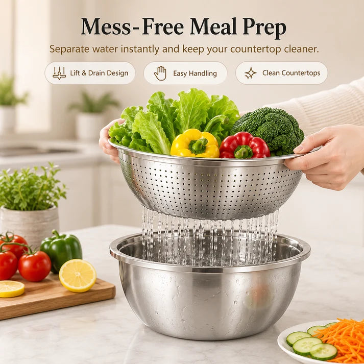 ⏳ LIMITED-TIME MEGA SALE | Getnexy™  3-in-1 Multifunction Kitchen Strainer Set – Stainless Steel Wash, Drain & Slice Bowl for Fruits, Vegetables & Rice