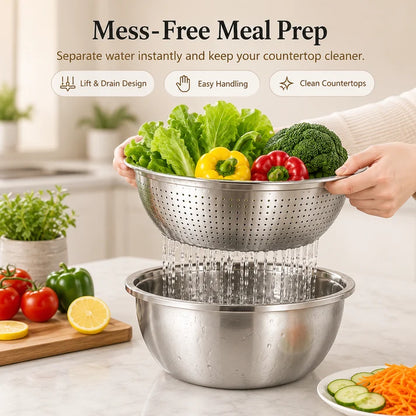 ⏳ LIMITED-TIME MEGA SALE | Getnexy™  3-in-1 Multifunction Kitchen Strainer Set – Stainless Steel Wash, Drain & Slice Bowl for Fruits, Vegetables & Rice