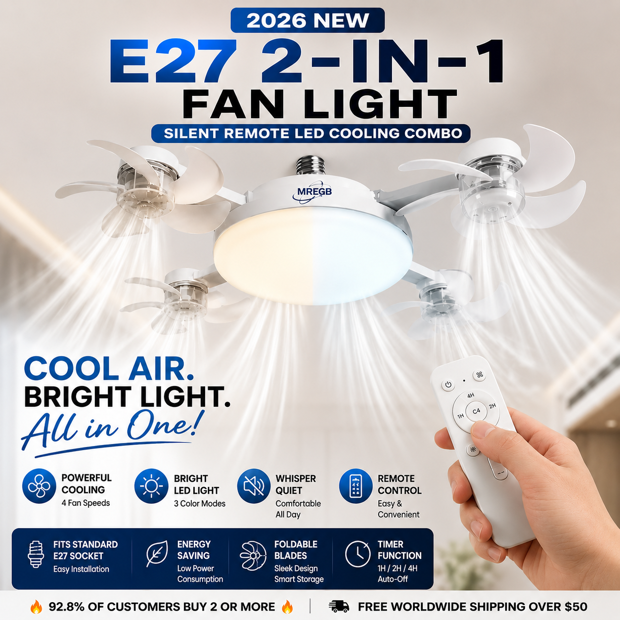 ⏳ LIMITED-TIME MEGA SALE | Getnexy™ 🔥2026 New E27 2-in-1 Fan Light | Silent Remote LED Cooling Combo