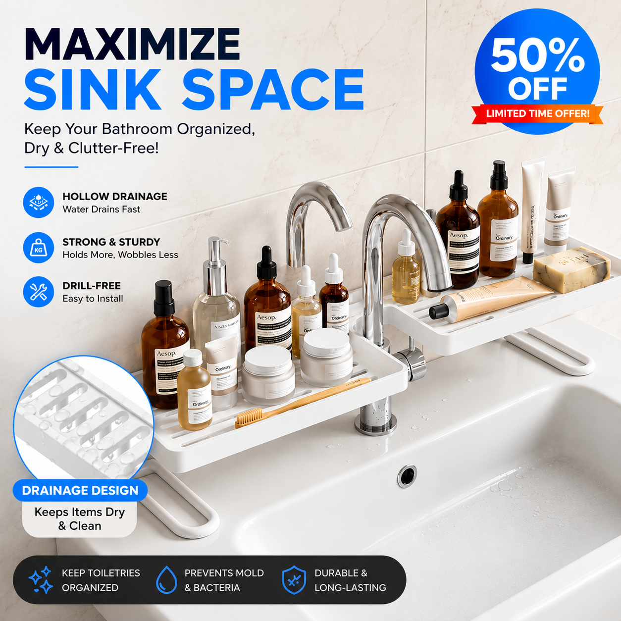 ⏳ LIMITED-TIME MEGA SALE | Getnexy™ No-Drill Kitchen Sink Sponge Holder & Drain Rack