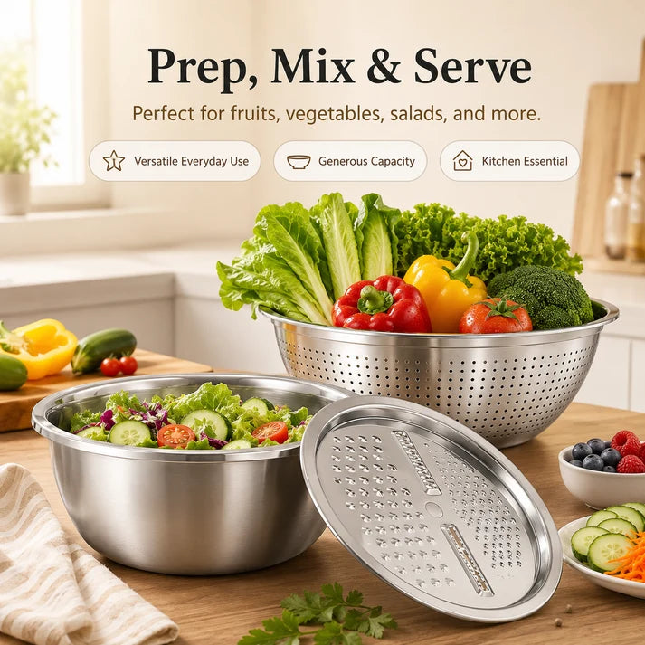 ⏳ LIMITED-TIME MEGA SALE | Getnexy™  3-in-1 Multifunction Kitchen Strainer Set – Stainless Steel Wash, Drain & Slice Bowl for Fruits, Vegetables & Rice