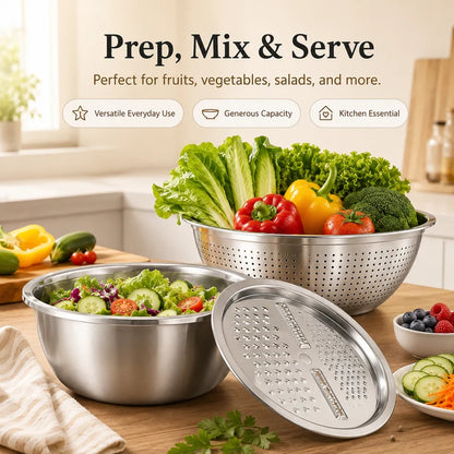 ⏳ LIMITED-TIME MEGA SALE | Getnexy™  3-in-1 Multifunction Kitchen Strainer Set – Stainless Steel Wash, Drain & Slice Bowl for Fruits, Vegetables & Rice