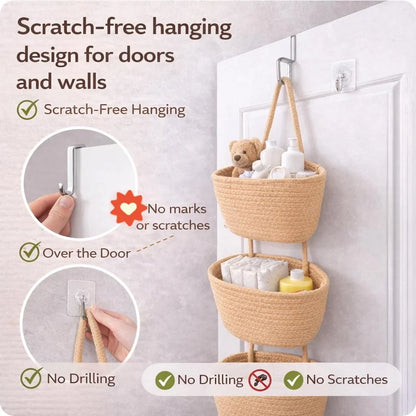 ⏳ LIMITED-TIME MEGA SALE | Getnexy™ 🧺Woven cotton 3-Tier Over the Door Basket, Wall-Mounted Jute Storage Organizer🔥